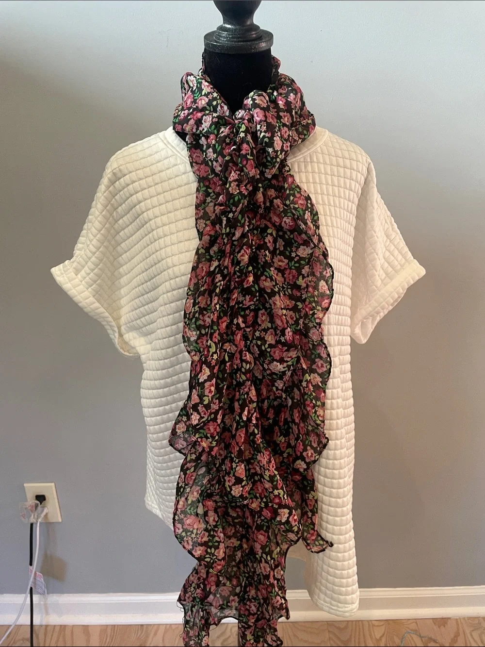 Lightweight Black Floral Scarf with Pink Roses